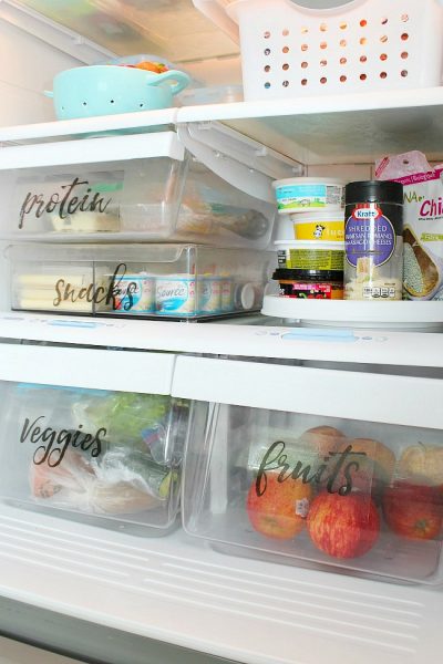 Free printable fridge labels on fridge bins.