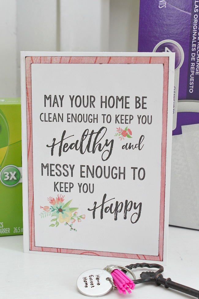 Package up all of your favorite cleaning supplies and a few fun goodies for a practical housewarming gift that will actually be used! Cute printables to go along with it!