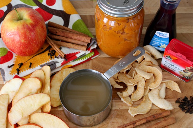 Apple slices, pumpkin, vanilla, cinnamon, apples, pumpkin spice, and apple cider for a heavenly smelling fall simmering potpourri. 