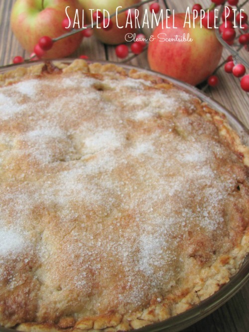 Salted Caramel Apple Pie in a pie dish.