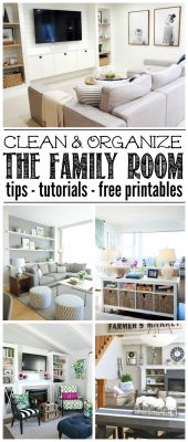Great ideas to help you organize your family room or living room. Free printables included to help keep you on track!