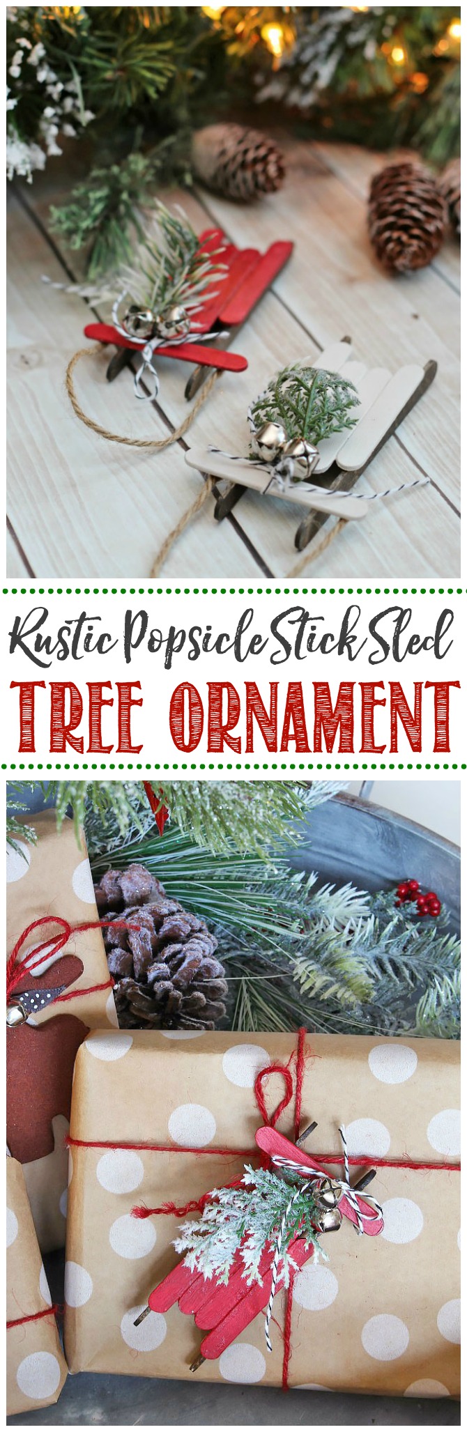 These rustic popsicle stick sleds are so pretty. They're an easy DIY Christmas tree ornament that and are so much fun to make!