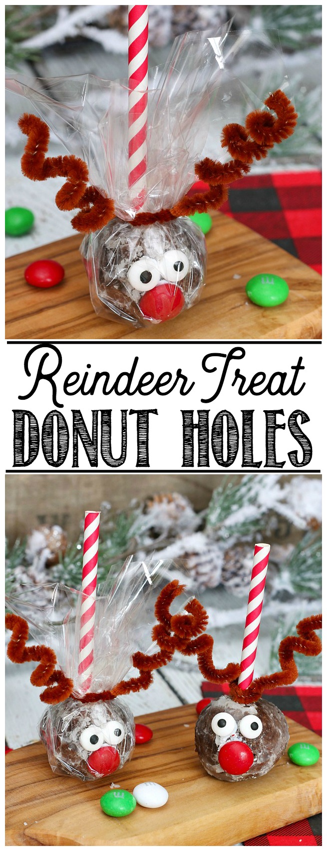 Donut hole reindeer treats. These are SO cute and super quick and easy to make! Perfect for class treats, Christmas parties, or to add to your Christmas table!