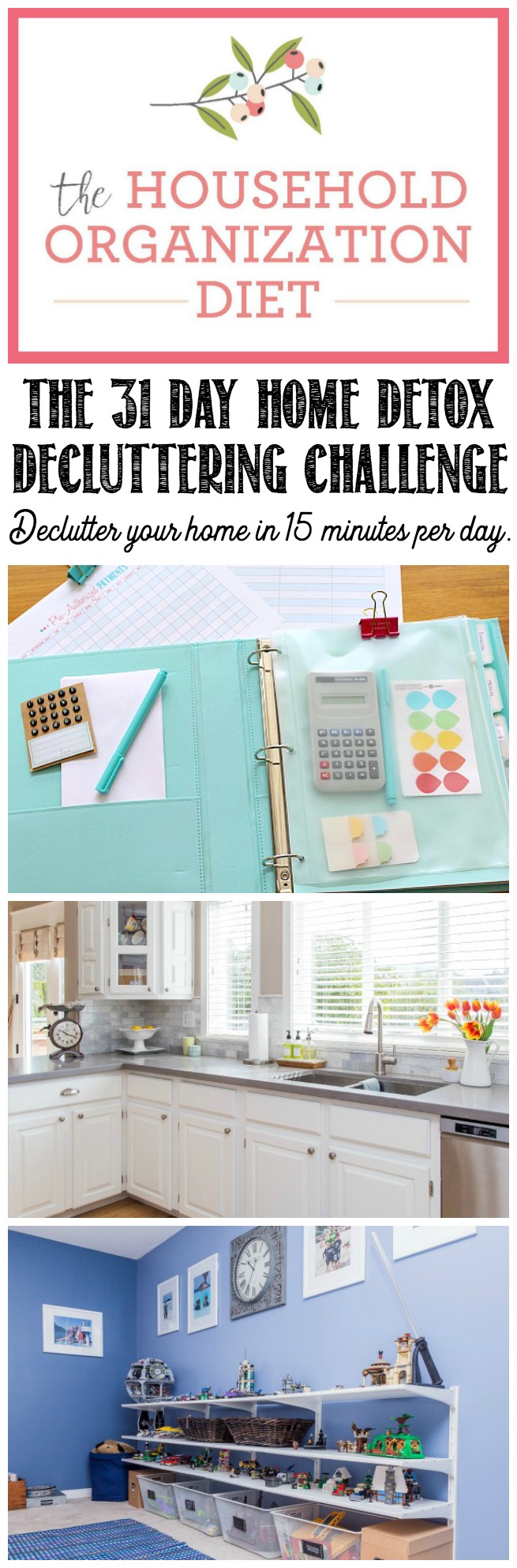 Jumpstart your home decluttering and organization with this 31 day home detox. Just 15 minutes per day to get rid of all of that unwanted stuff that's weighing you down! Start at any time! Free printables included.