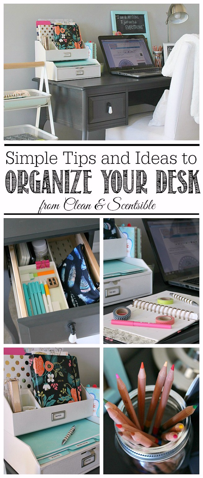 Great tips and ideas to organize a small desk space.