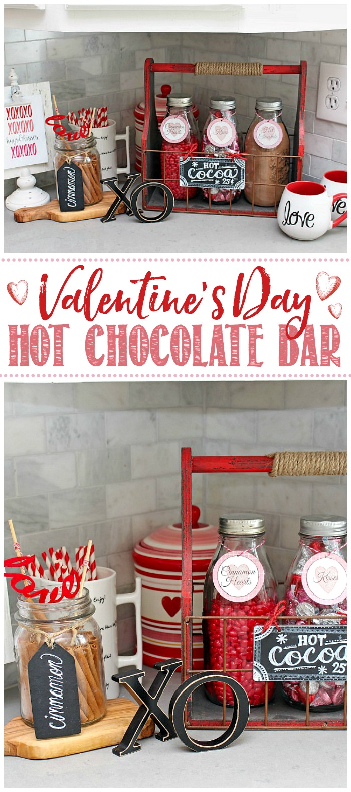 Valentine's Day hot chocolate bar with a red caddy and glass jars. 
