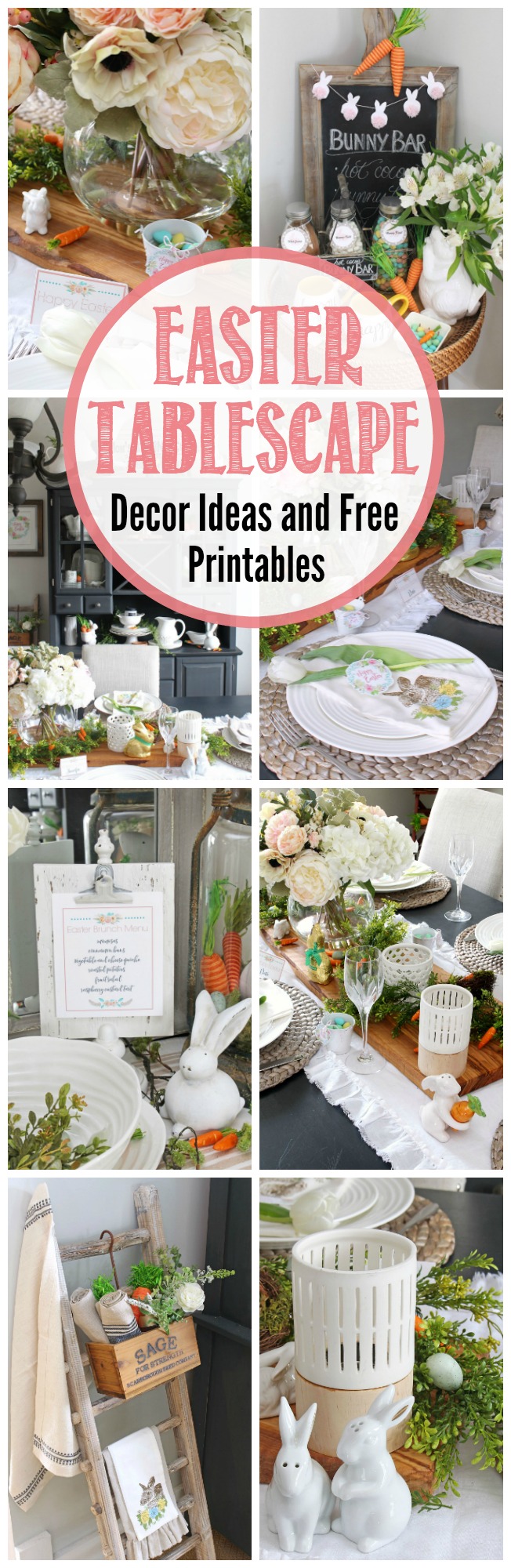 Beautiful ideas to decorate your dining room for Easter. Free printable menus, placecards, and decor items that would be perfect for Easter brunch or Easter dinner.