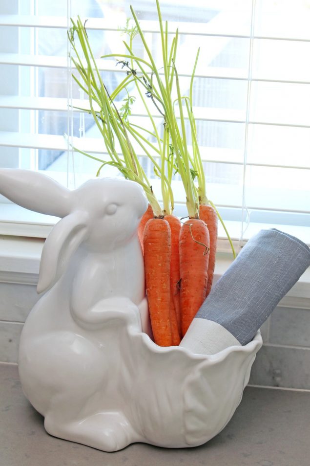 Beautiful spring home tour with a modern farmhouse style. Lots of simple decorating tips to add some spring and summer decor to your home. Cute white ceramic bunny with fresh carrots.