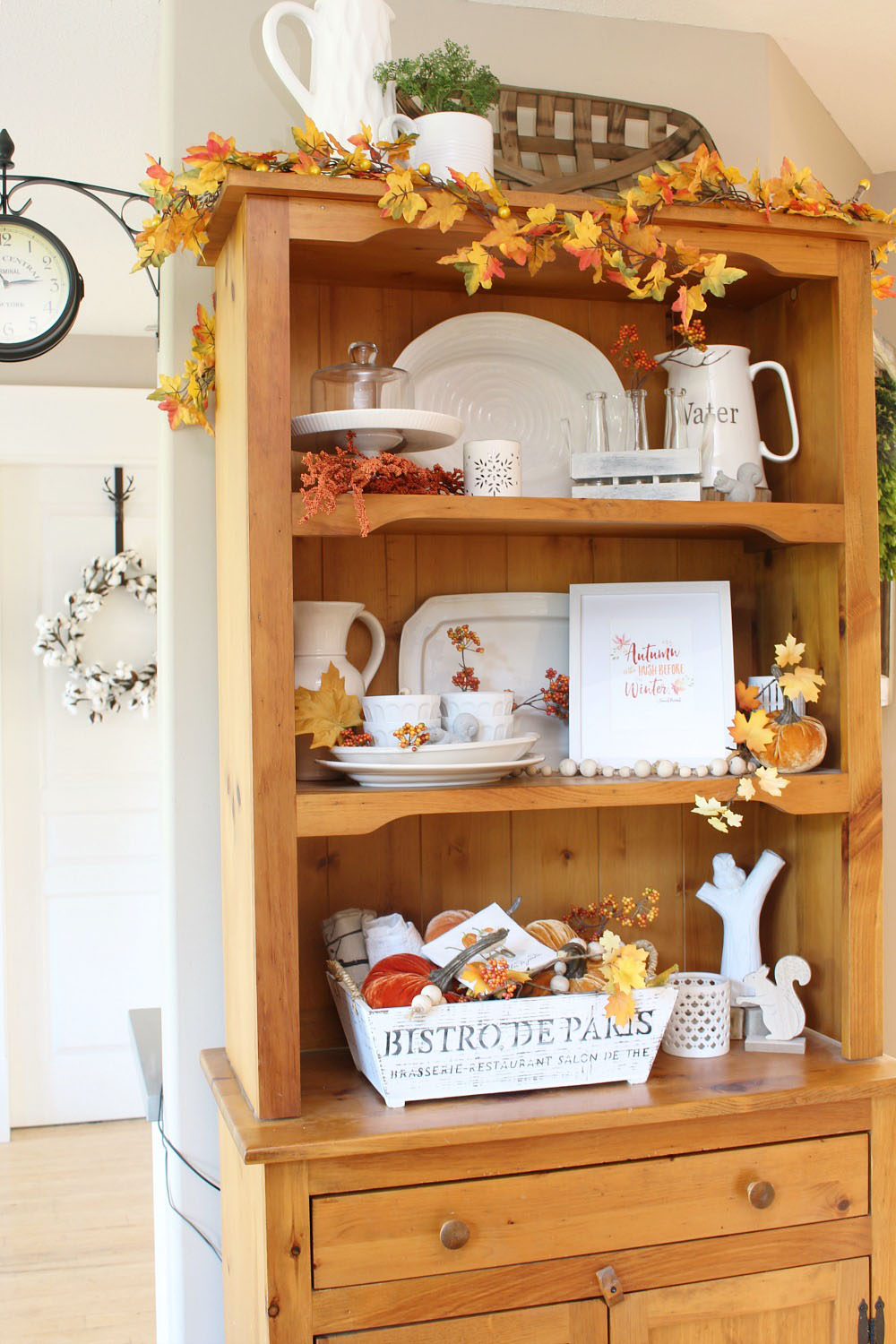 Fall home decor ideas. Love this fall hutch with traditional fall colors.