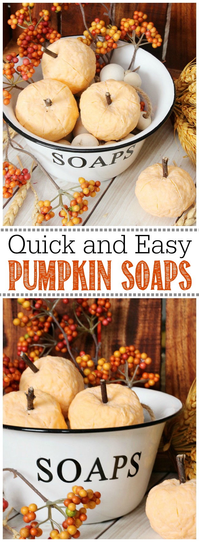 These quick and easy DIY pumpkin soaps are so cute and the perfect addition to your fall decor. They work great as cute little hostess gifts too! #falldecor #pumpkin