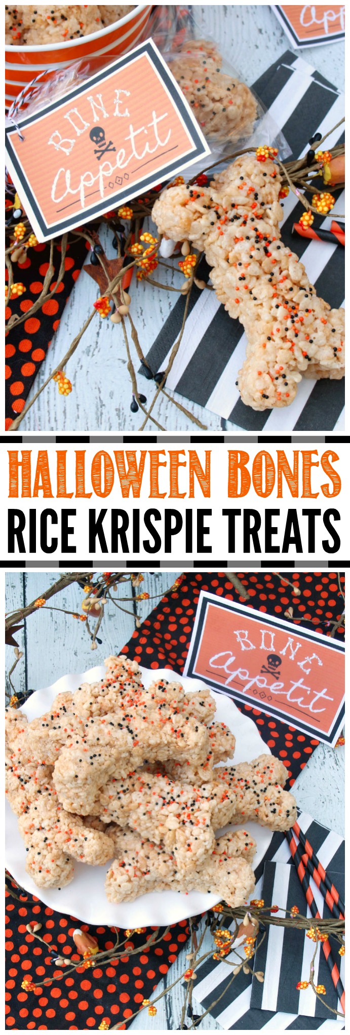 Halloween Rice Krispie Treats Bones. Perfect for Halloween Parties or Halloween class treats. Free printables included. #halloweenparties #halloweentreats