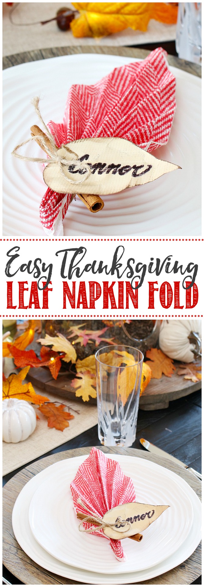 DIY leaf napkin folding technique for a pretty Thanksgiving tablescape.