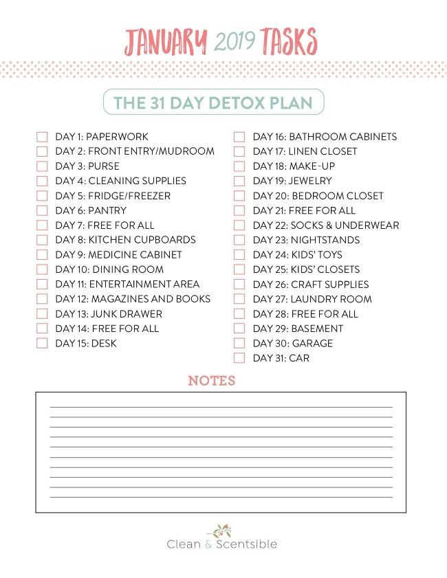 The 31 day home decluttering detox free printable. A step by step plan to go through and declutter your entire home.