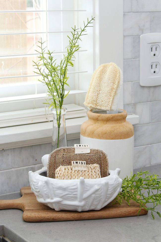 Cleaning supplies organized in cute soap dish.