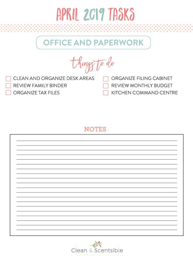 April to do list for organizing the home office and paperwork.