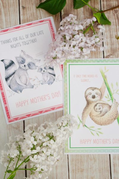 Free printable Mother's Day cards with watercolor animals.