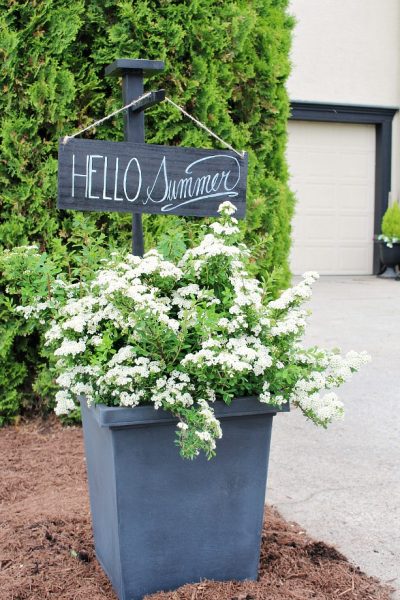 Outdoor planter with wooden holder and outdoor sign. "Hello Summer"