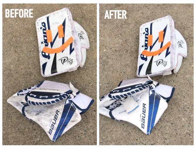 Before and After Photo of hockey blockers and gloves cleaned with a Mr. Clean magic eraser.