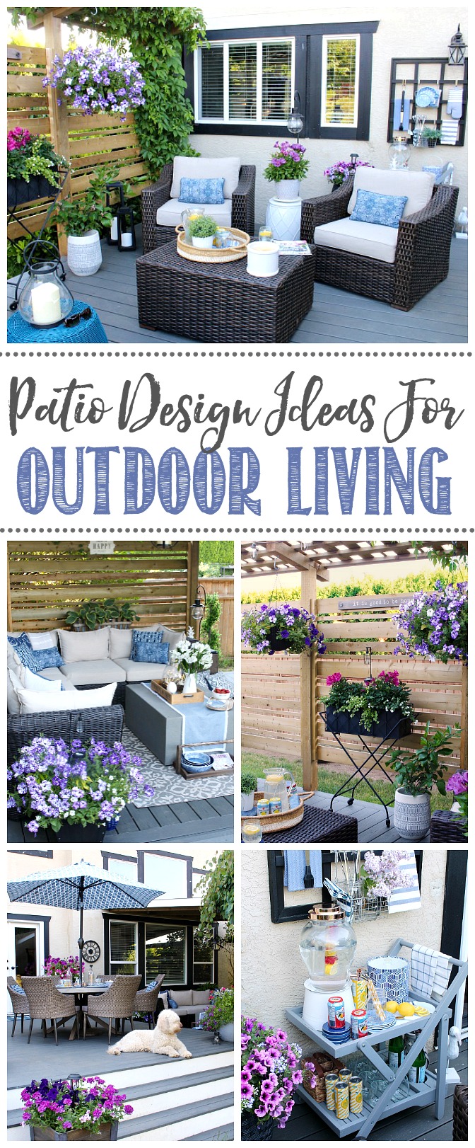 Pretty backyard patio design with resin wicker patio furniture and neutral and blue decor.