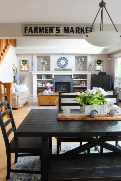 Farmhouse style family room with an open floor plan.