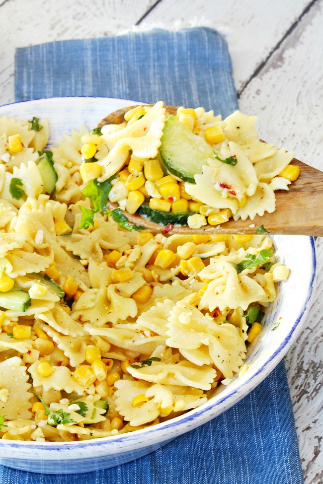 Cucumber and corn pasta salad recipe using bow tie pasta. 