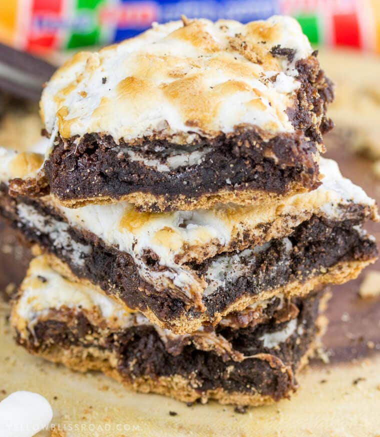 S'mores oreo brownies stacked on a plate.