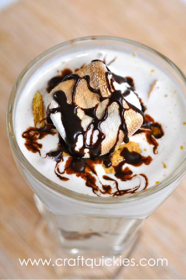 S'mores milkshake in a glass cup.