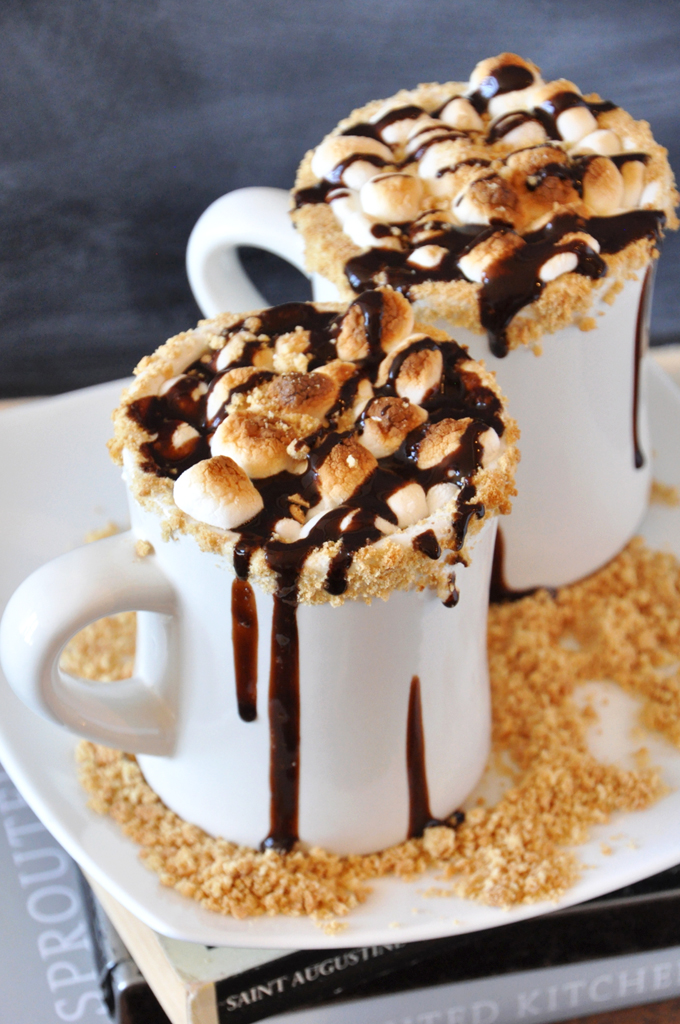 s'mores hot chocolate in white mugs.