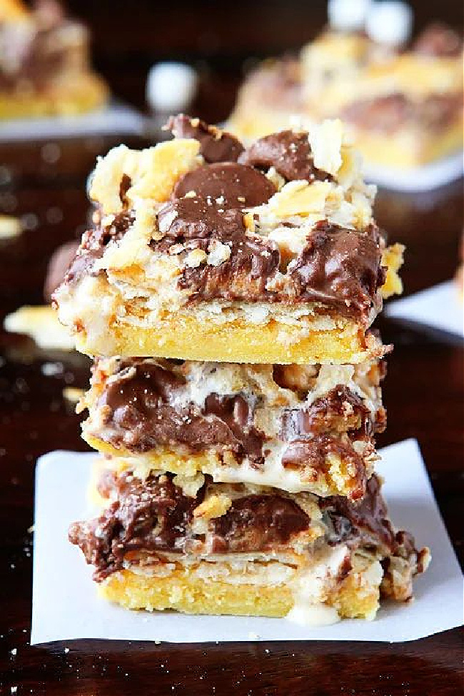 Stacked peanut butter cup s'mores bars.