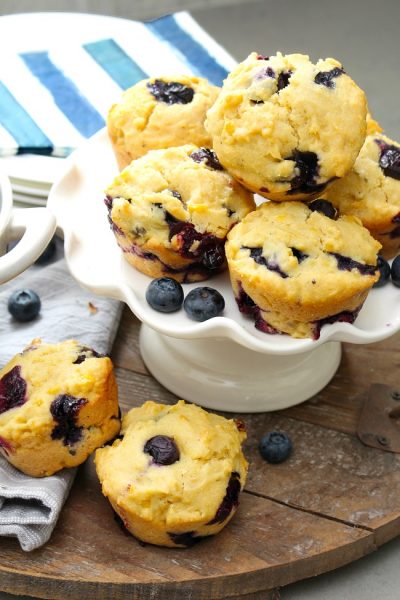 Blueberry Cornmeal Muffin Recipe. Cornmeal blueberry muffins on a pie plate.