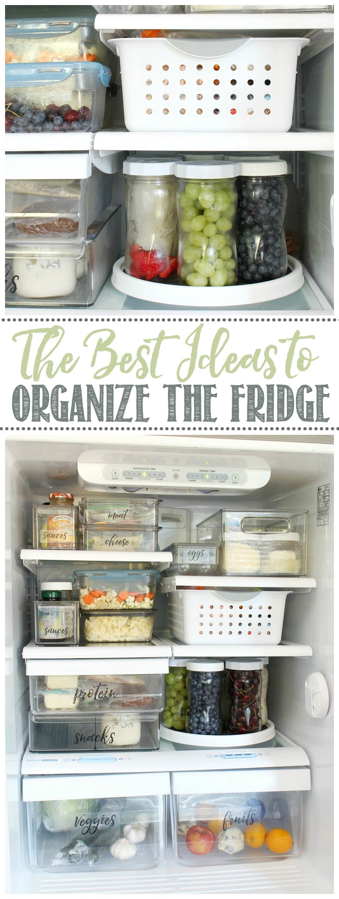 Organized fridge space using bins and mason jars.
