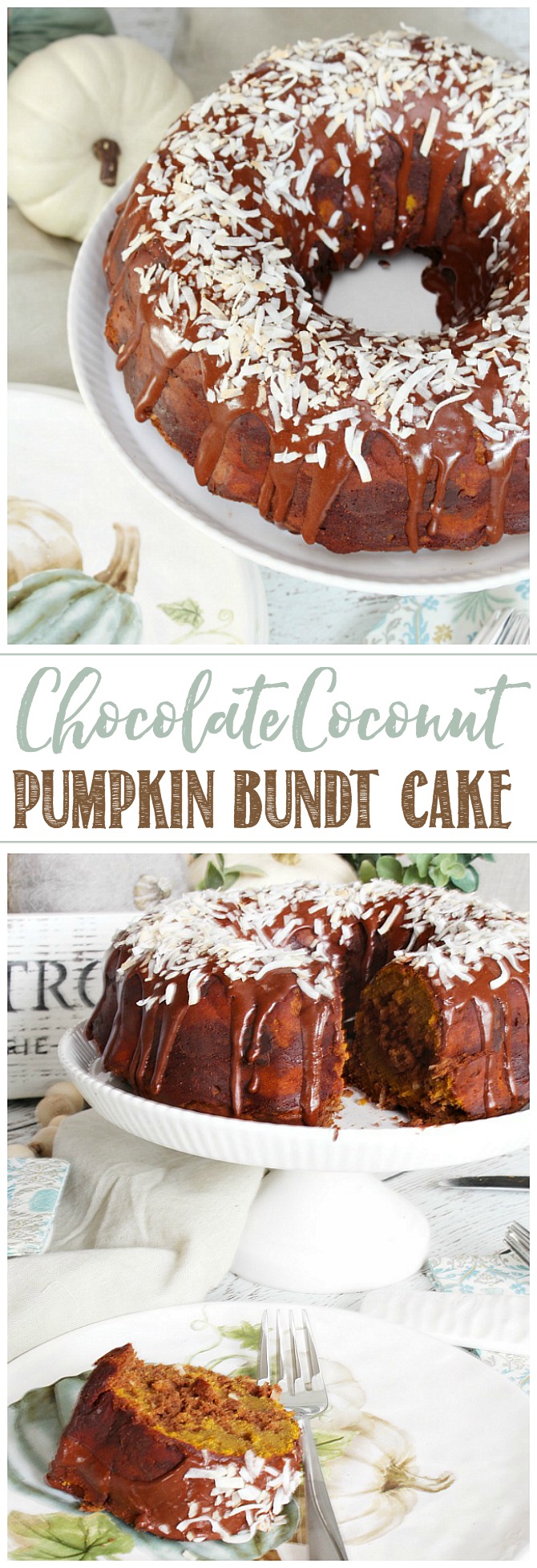 Chocolate coconut pumpkin bundt cake with a delicious chocolate glaze and topped with toasted coconut.