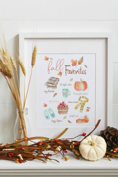 Fall Favorites printable with watercolor images of favorite fall activities and items.