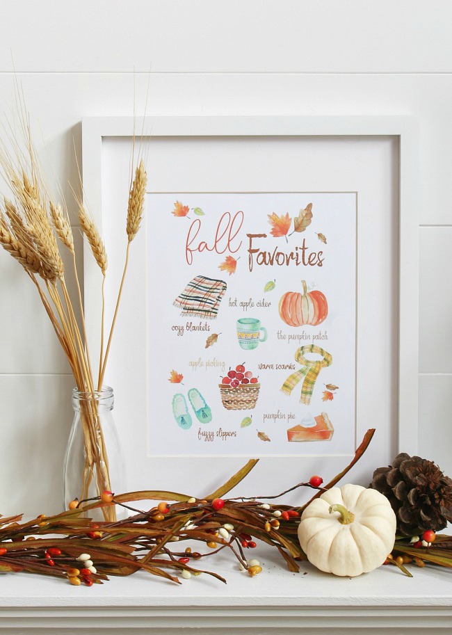 Fall Favorites printable with watercolor images of favorite fall activities and items.
