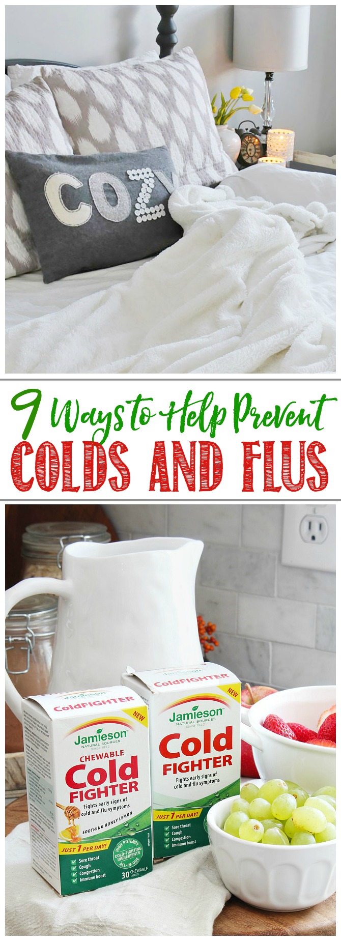 How to prevent colds and flus. Jamieson cold fighter supplements with bowls of grapes and strawberries.