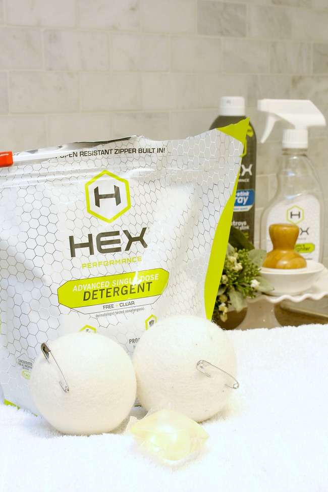 HEX detergent and wool dryer balls with safety pins to help decrease static.