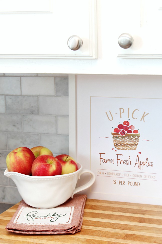 U-Pick Farm Fresh Apples in a frame with bowl of apples.