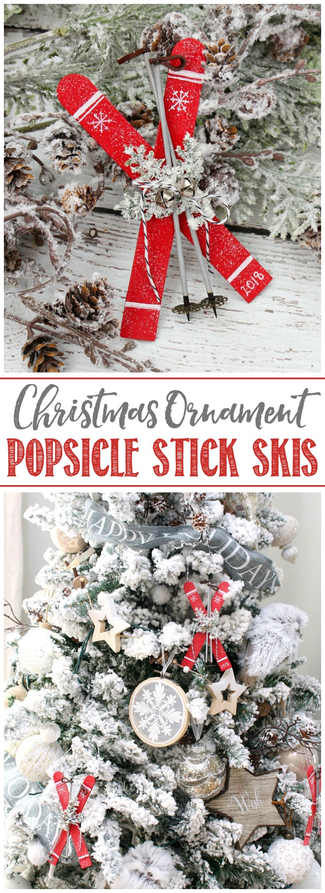 Christmas tree skis ornaments made from popsicle sticks.