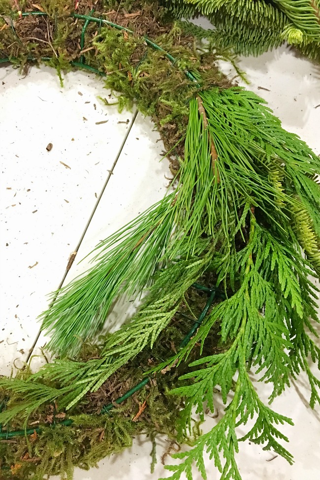 DIY real Christmas wreath tutorial using fresh greenery in a wire wreath form.