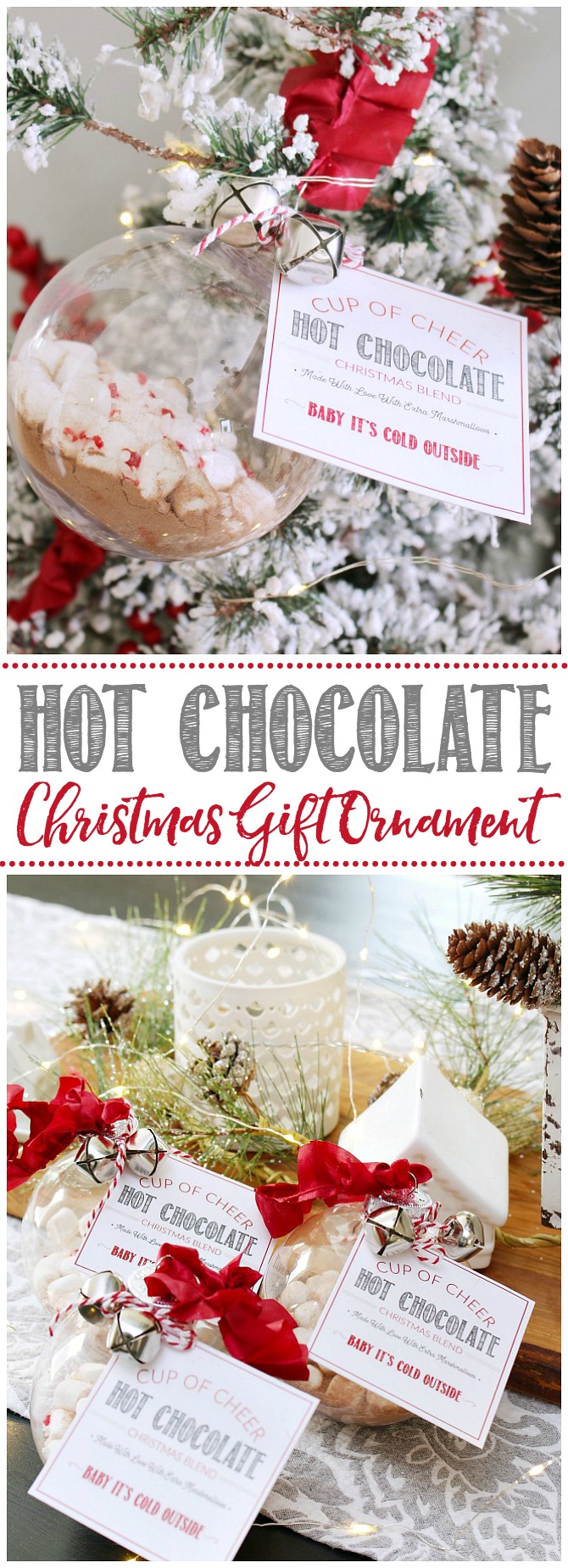 Hot chocolate gift ornament hanging on a Christmas tree. Tied with ribbon, jungle bells and a free printable hot chocolate tag. Cute Christmas gift idea!