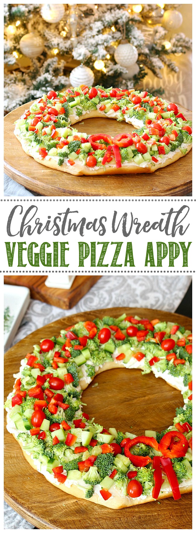 Christmas wreath veggie pizza made with crescent rolls, cream cheese, and chopped vegetables.