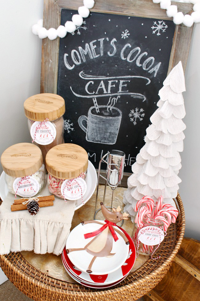 Cute hot chocolate bar with Christmas chalkboard and free printable hot chocolate bar labels.