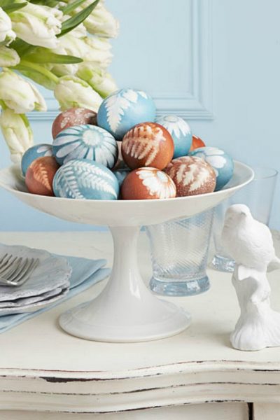 Botanical Easter eggs in a pedestal bowl.