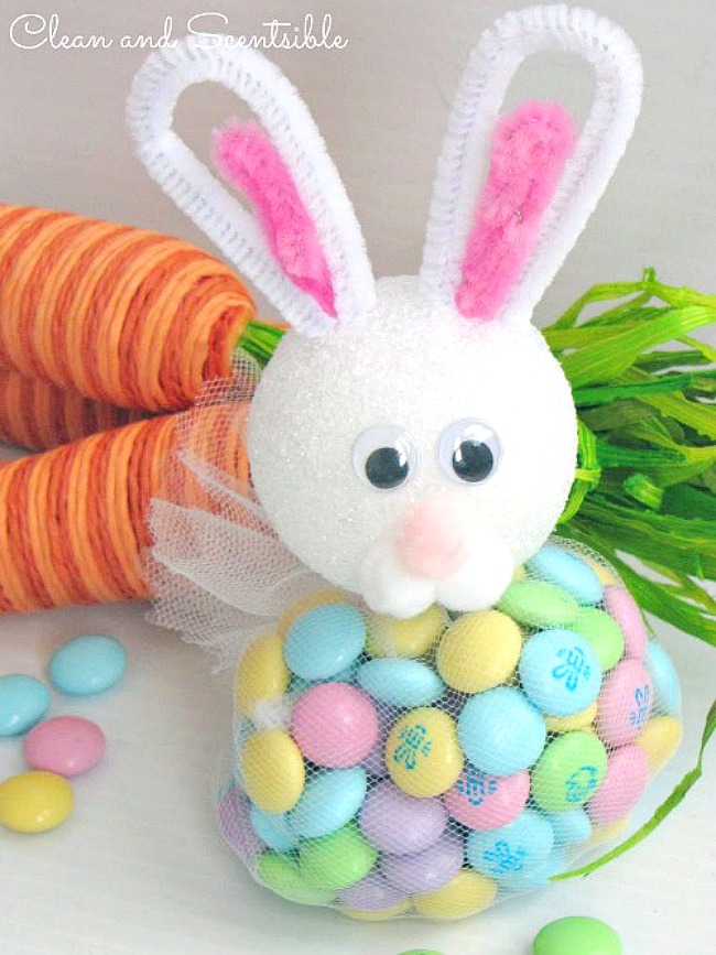 DIY Easter bunny treats using Easter colored M&Ms and some basic craft supplies.