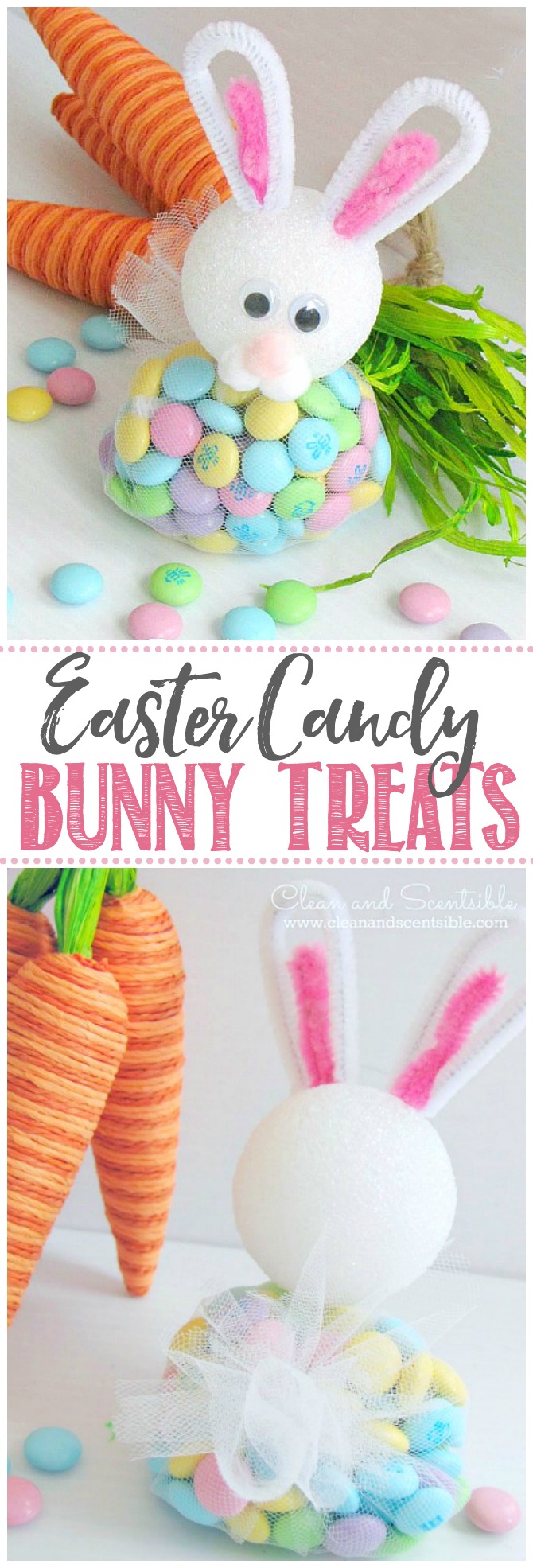 DIY Easter bunny treats using Easter colored M&Ms and some basic craft supplies. 