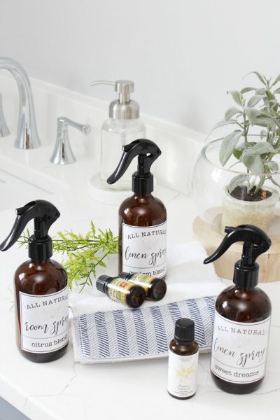 DIY room and linen spray in glass amber bottles with free printable labels.