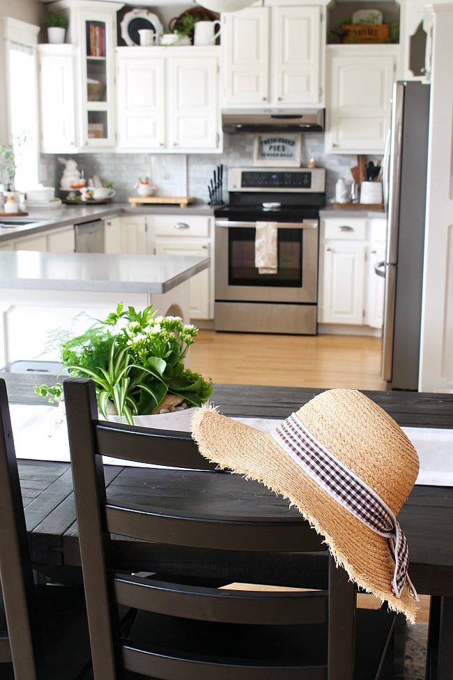 DIY tropical planter centerpiece in a farmhouse style kitchen.