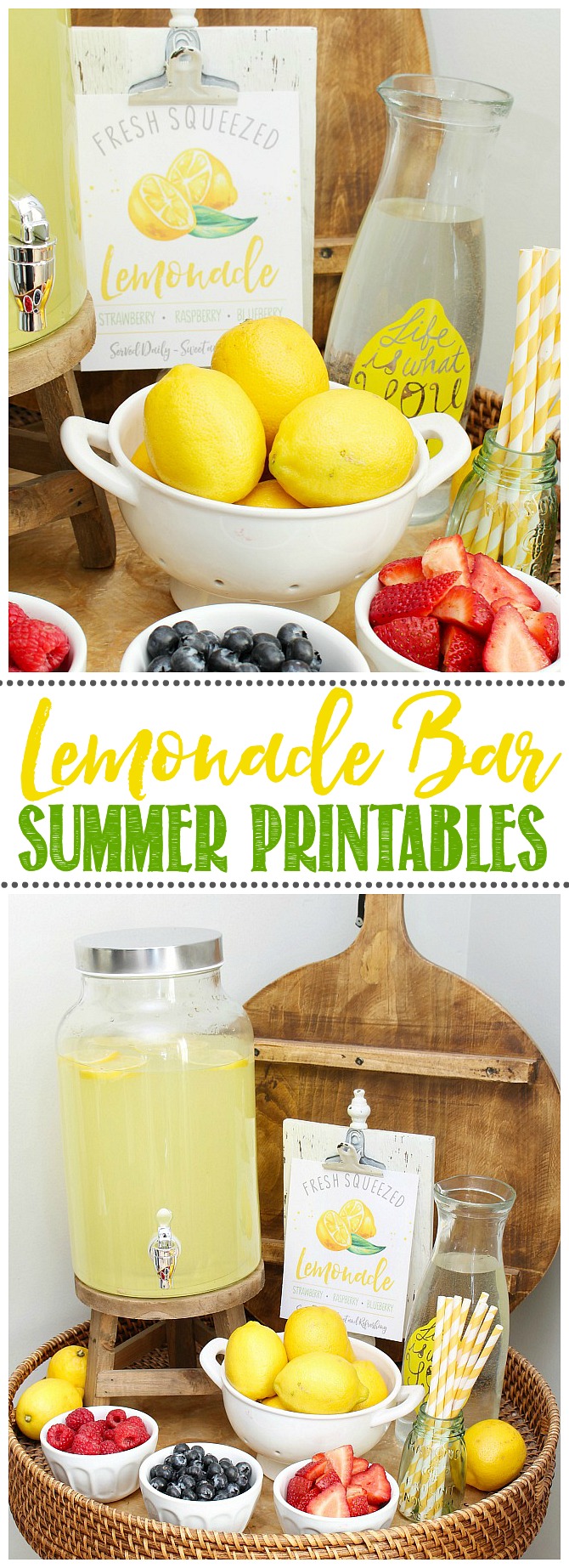 Lemonade bar with lemonade and fresh fruits. Free lemonade stand printables.