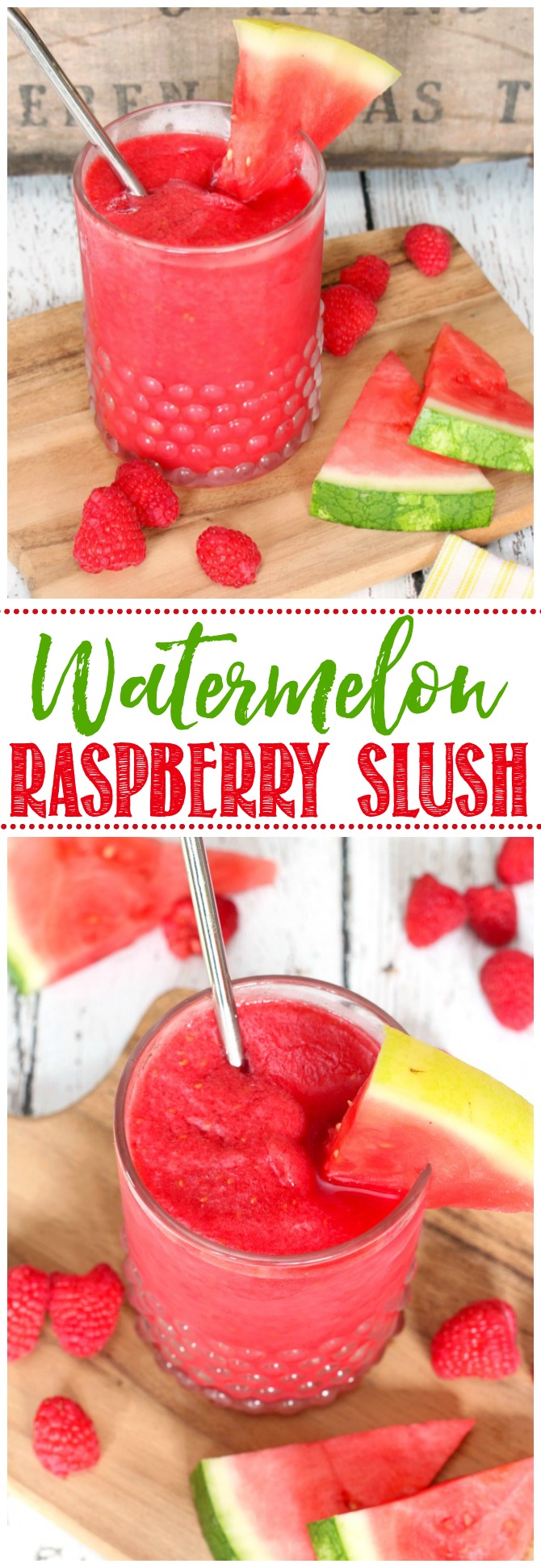 Glass of raspberry watermelon slush with a slice of watermelon.