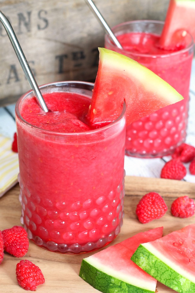 Glass of raspberry watermelon frozen drink.